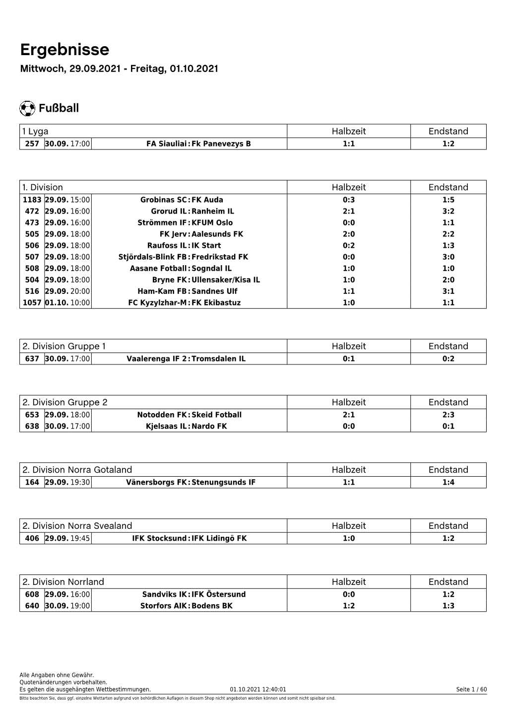 Ergebnisse Mittwoch, 29.09.2021 - Freitag, 01.10.2021