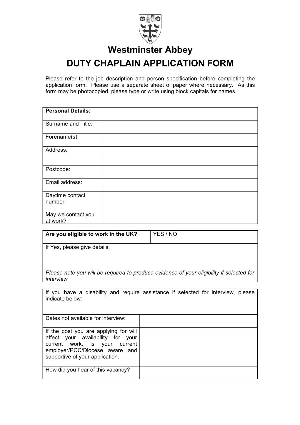 Westminster Abbey DUTY CHAPLAIN APPLICATION FORM