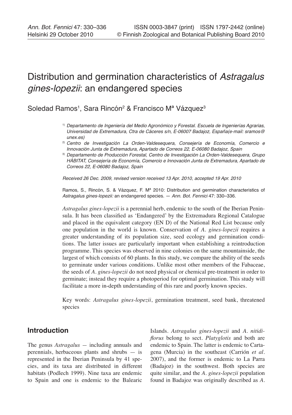 Distribution and Germination Characteristics of Astragalus Gines-Lopezii: an Endangered Species