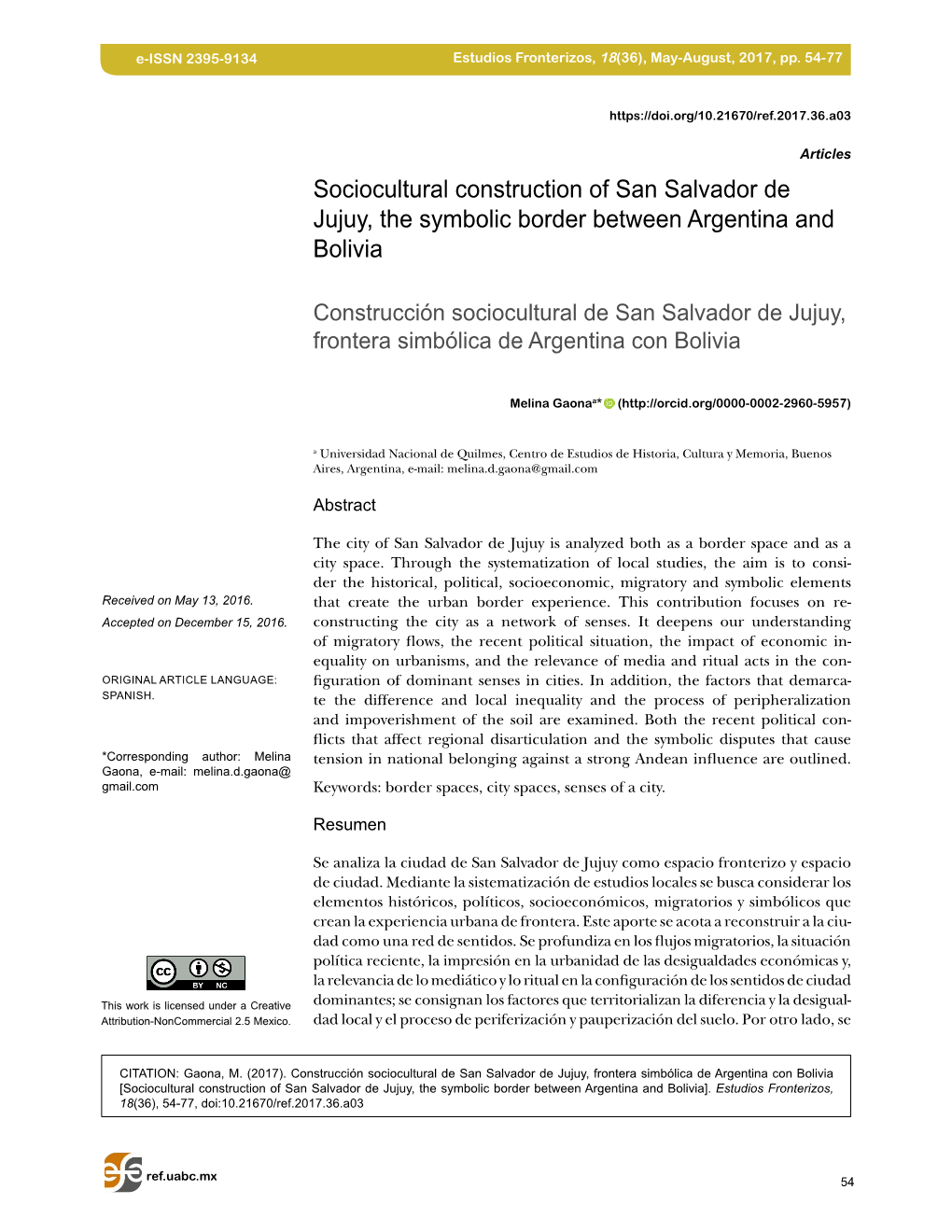 Sociocultural Construction of San Salvador De Jujuy, the Symbolic Border Between Argentina and Bolivia