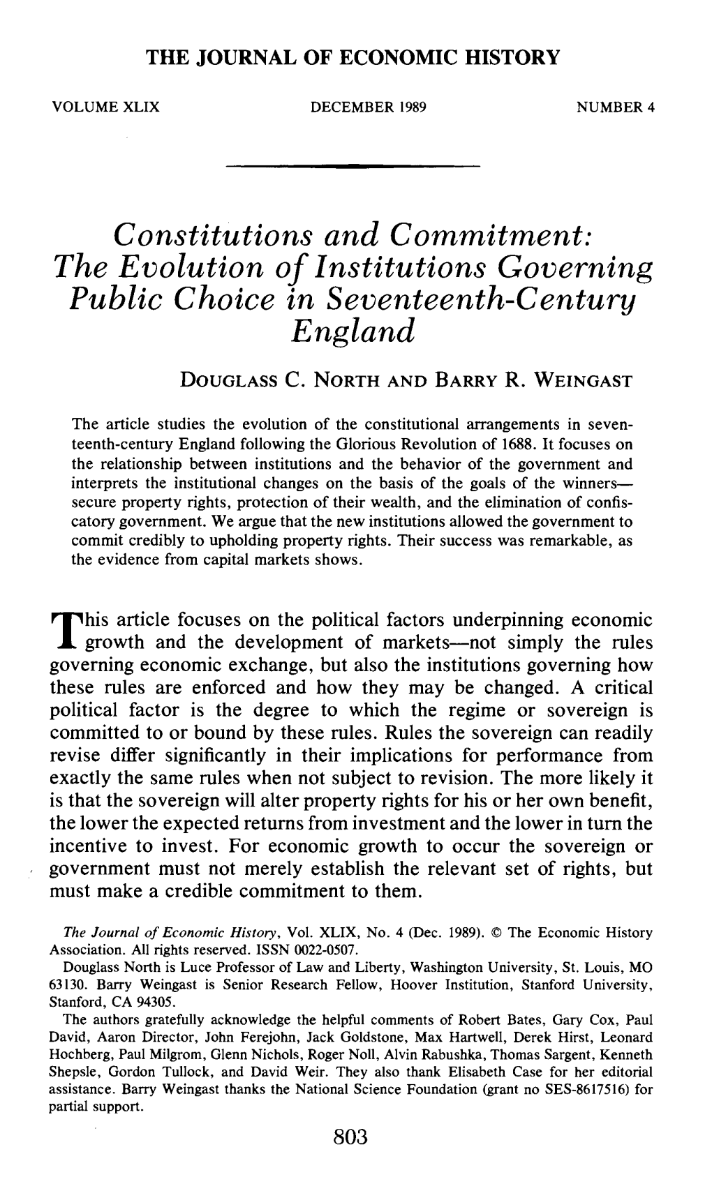 Constitutions and Commitment: the Evolution of Institutions Governing Public Choice in Seventeenth-Century England