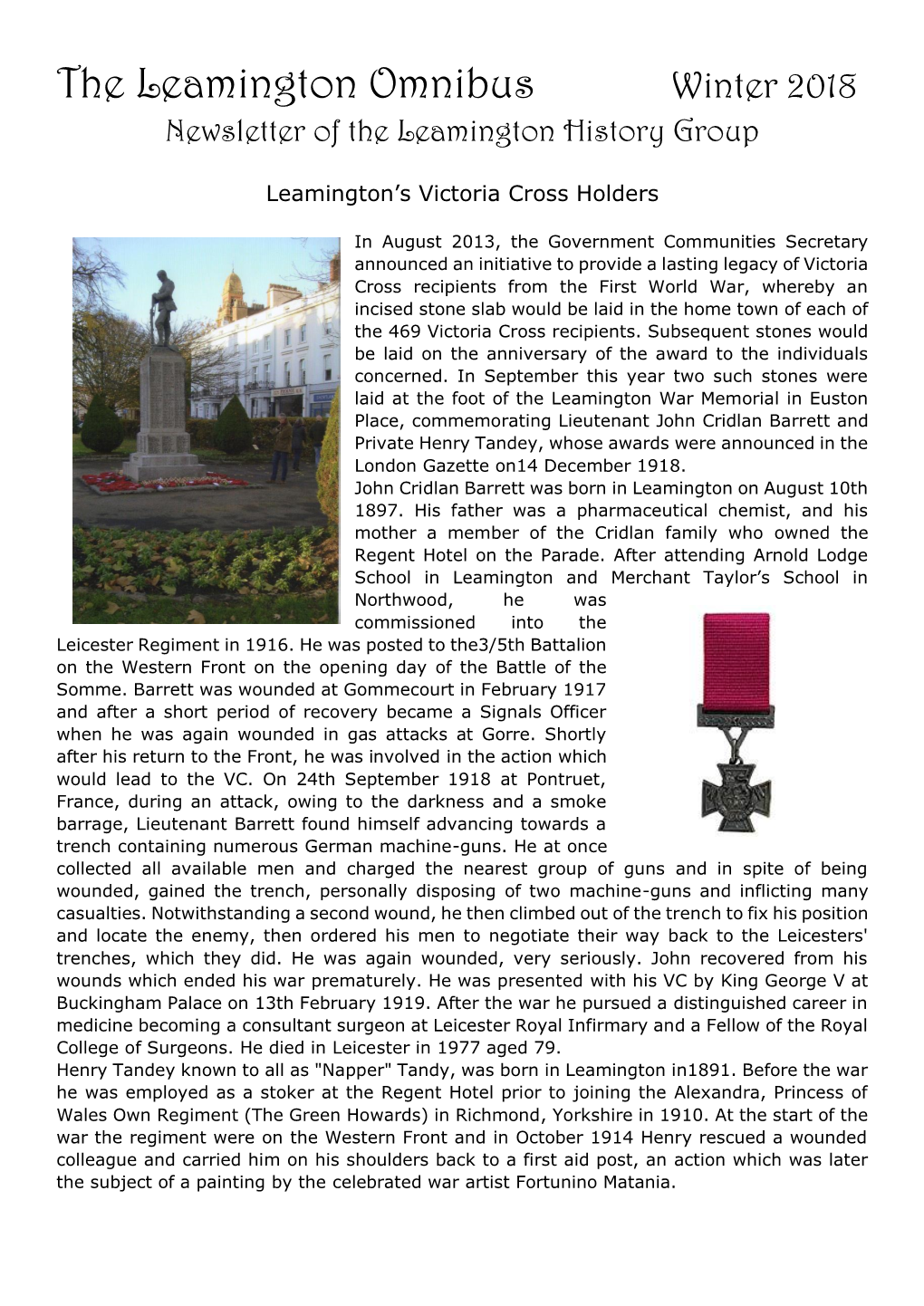 Winter 2018 Newsletter of the Leamington History Group