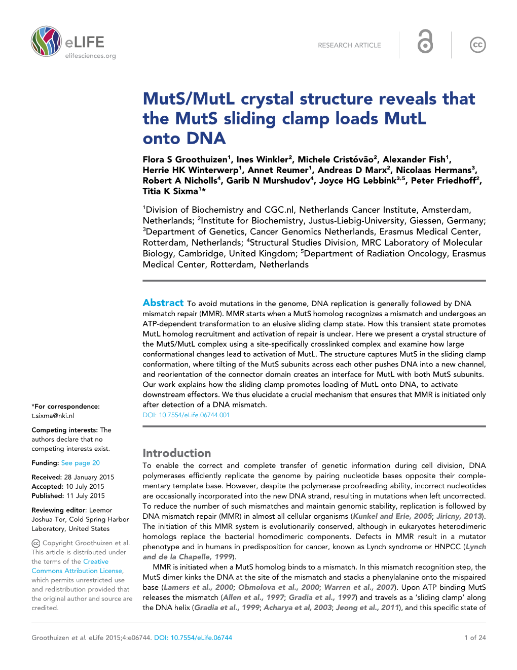 Muts/Mutl Crystal Structure Reveals That the Muts Sliding Clamp Loads