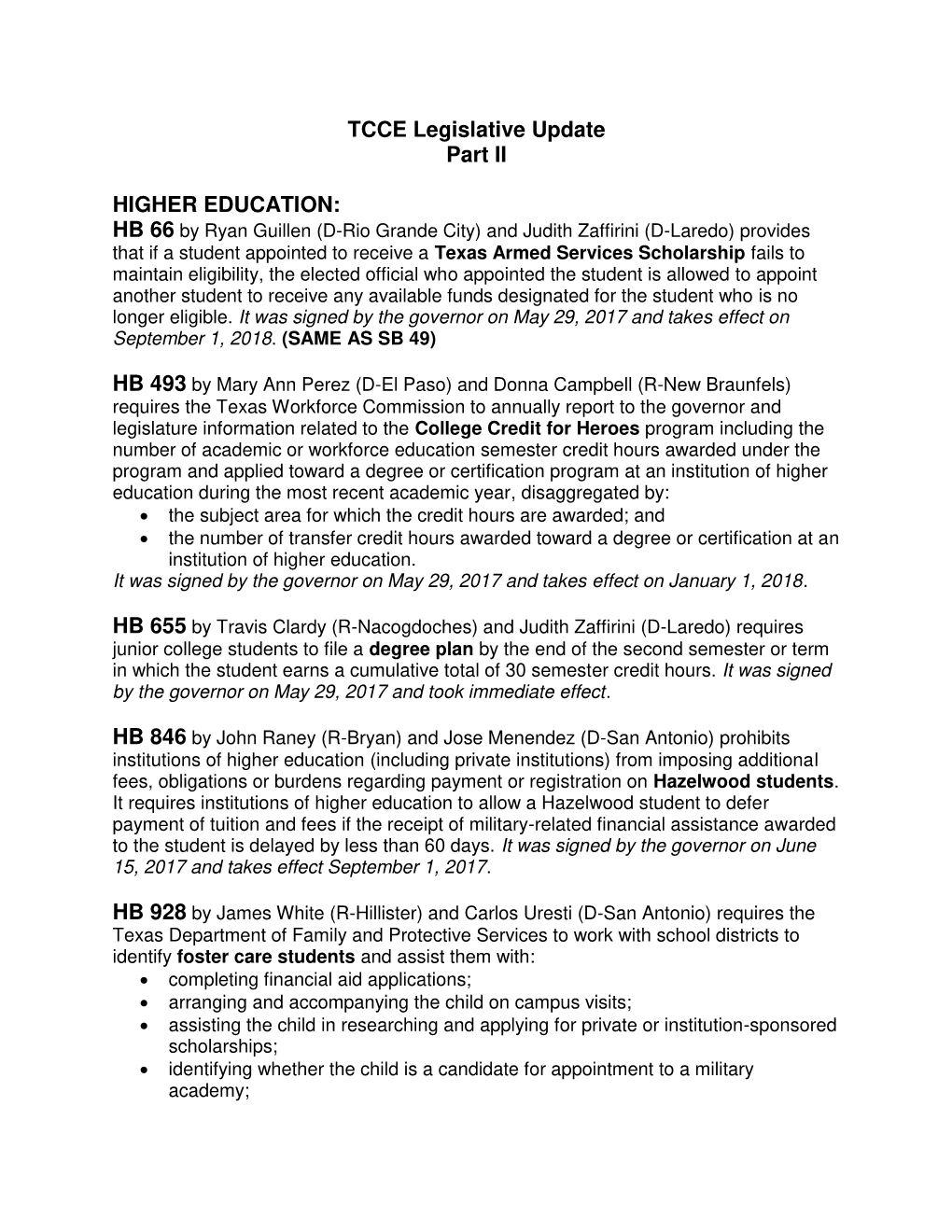 TCCE Legislative Update Part II HIGHER EDUCATION