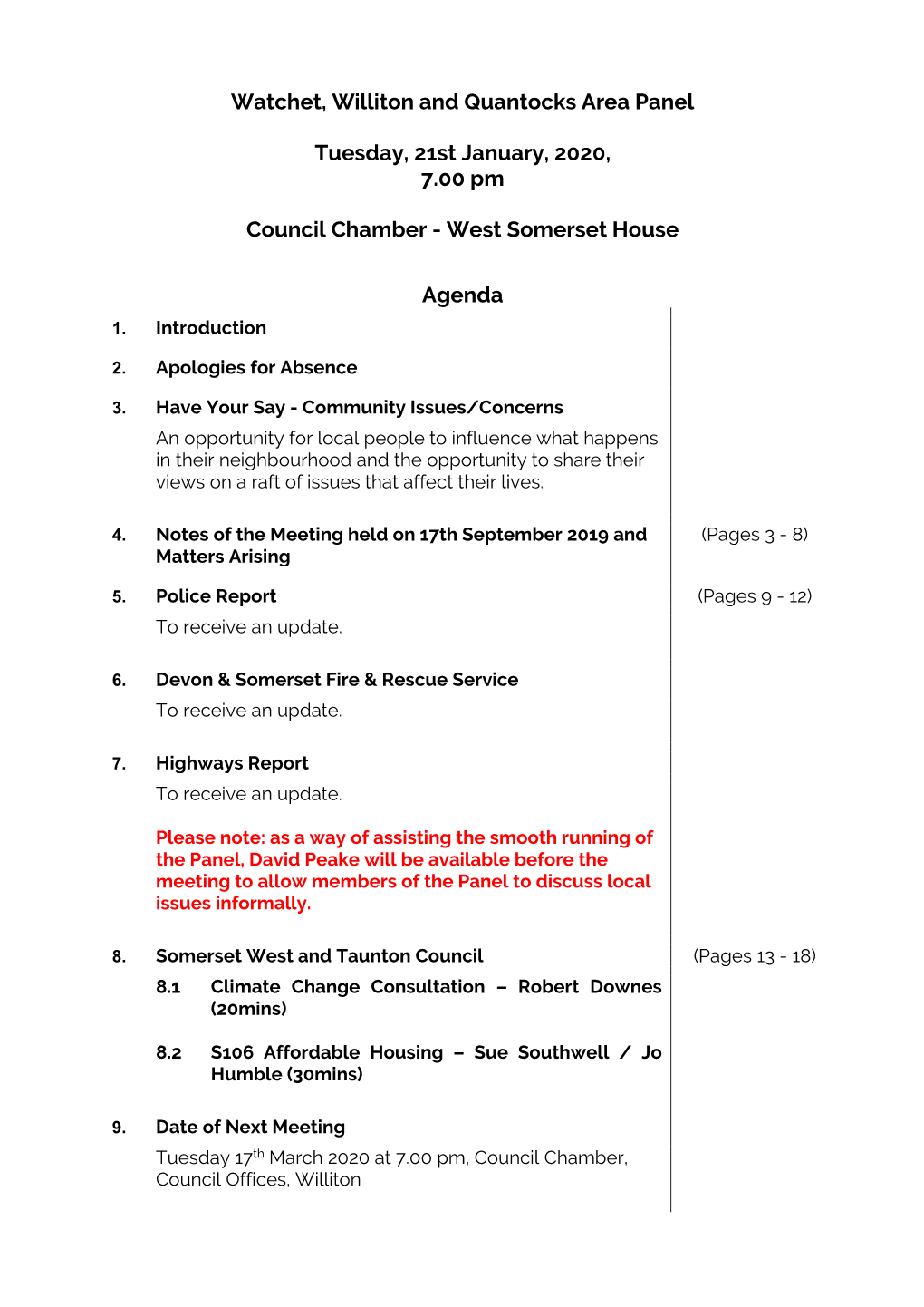 (Public Pack)Agenda Document for Watchet, Williton and Quantocks