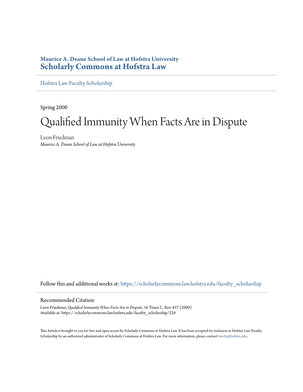Qualified Immunity When Facts Are in Dispute, 16 Touro L