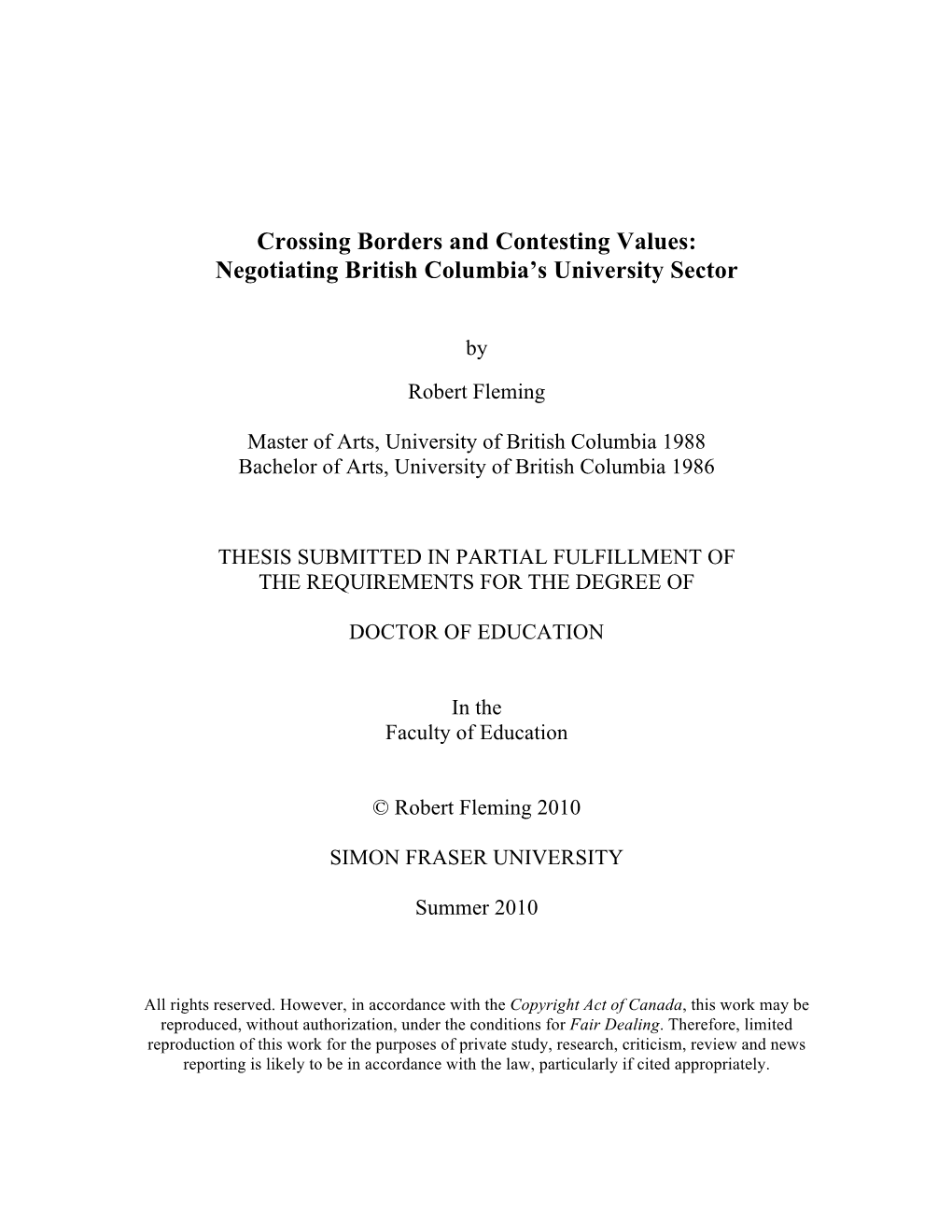 Crossing Borders and Contesting Values: Negotiating British Columbia’S University Sector