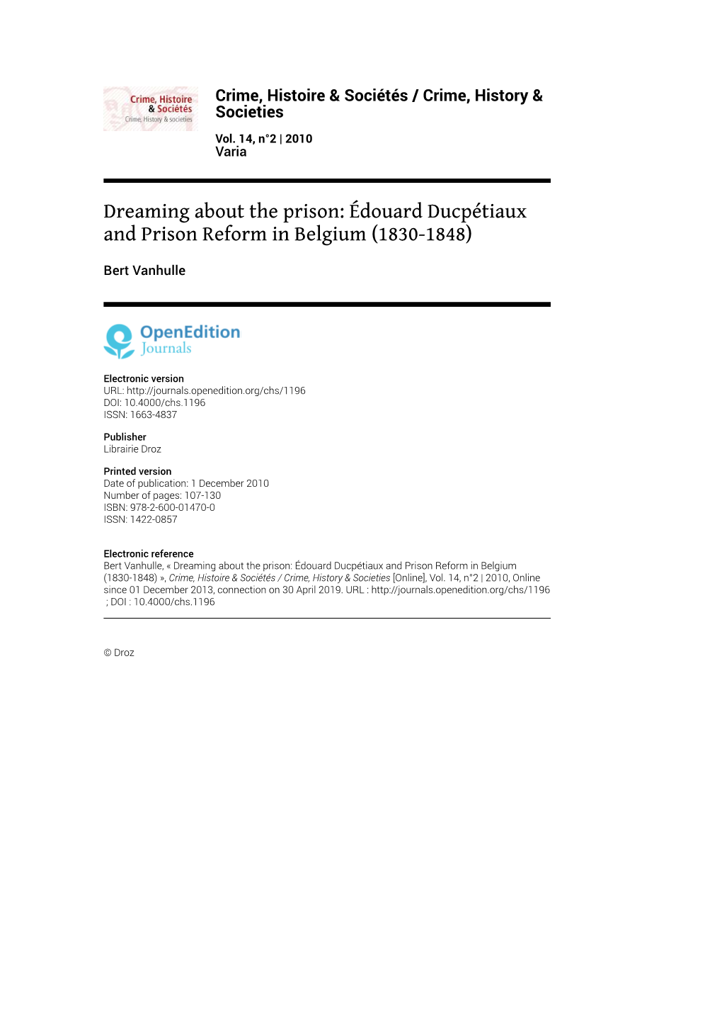 Dreaming About the Prison: Édouard Ducpétiaux and Prison Reform in Belgium (1830-1848)