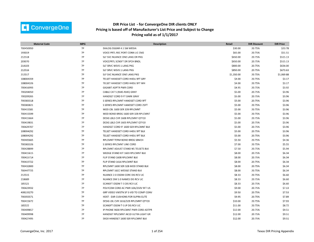 Convergeone DIR Price Book December 2017.Xlsx