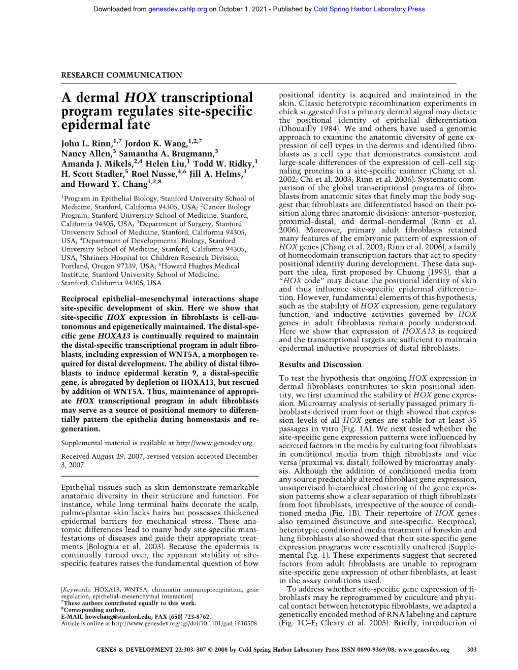 A Dermal HOX Transcriptional Program Regulates Site-Specific Epidermal Fate