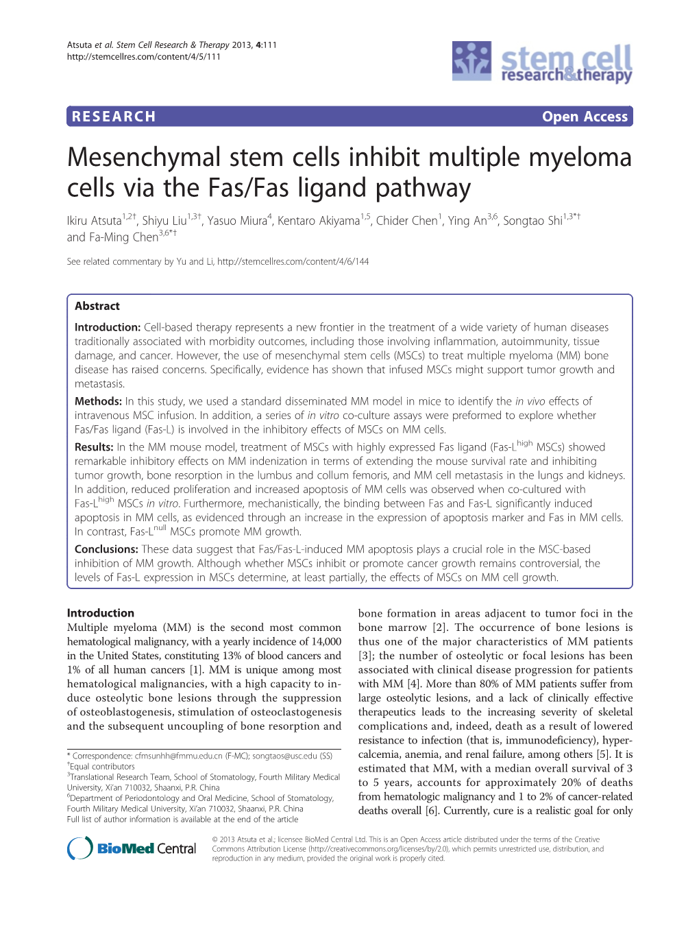 Mesenchymal Stem Cells Inhibit Multiple Myeloma Cells Via the Fas