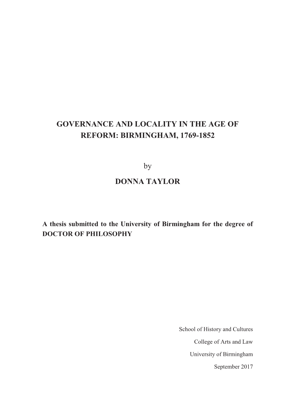 Governance and Locality in the Age of Reform: Birmingham, 1769-1852