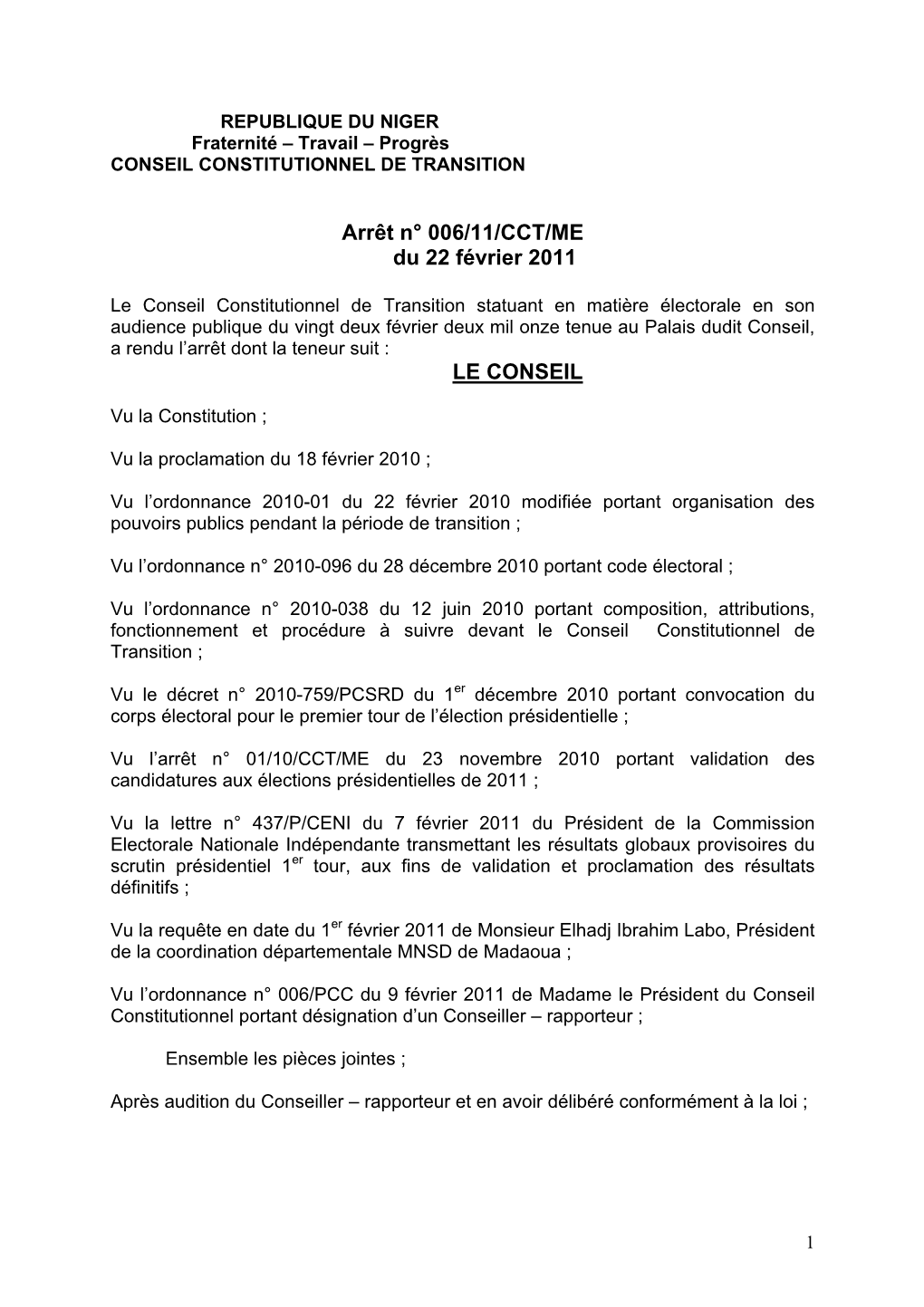 Arrêt N° 006/11/CCT/ME Du 22 Février 2011