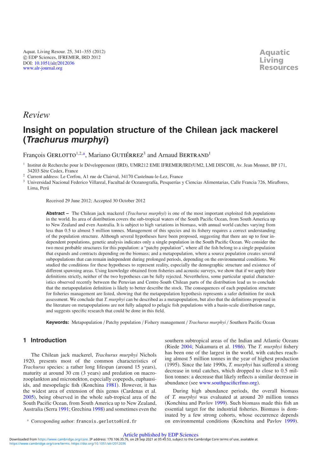 Insight on Population Structure of the Chilean Jack Mackerel \(Trachurus Murphyi\)