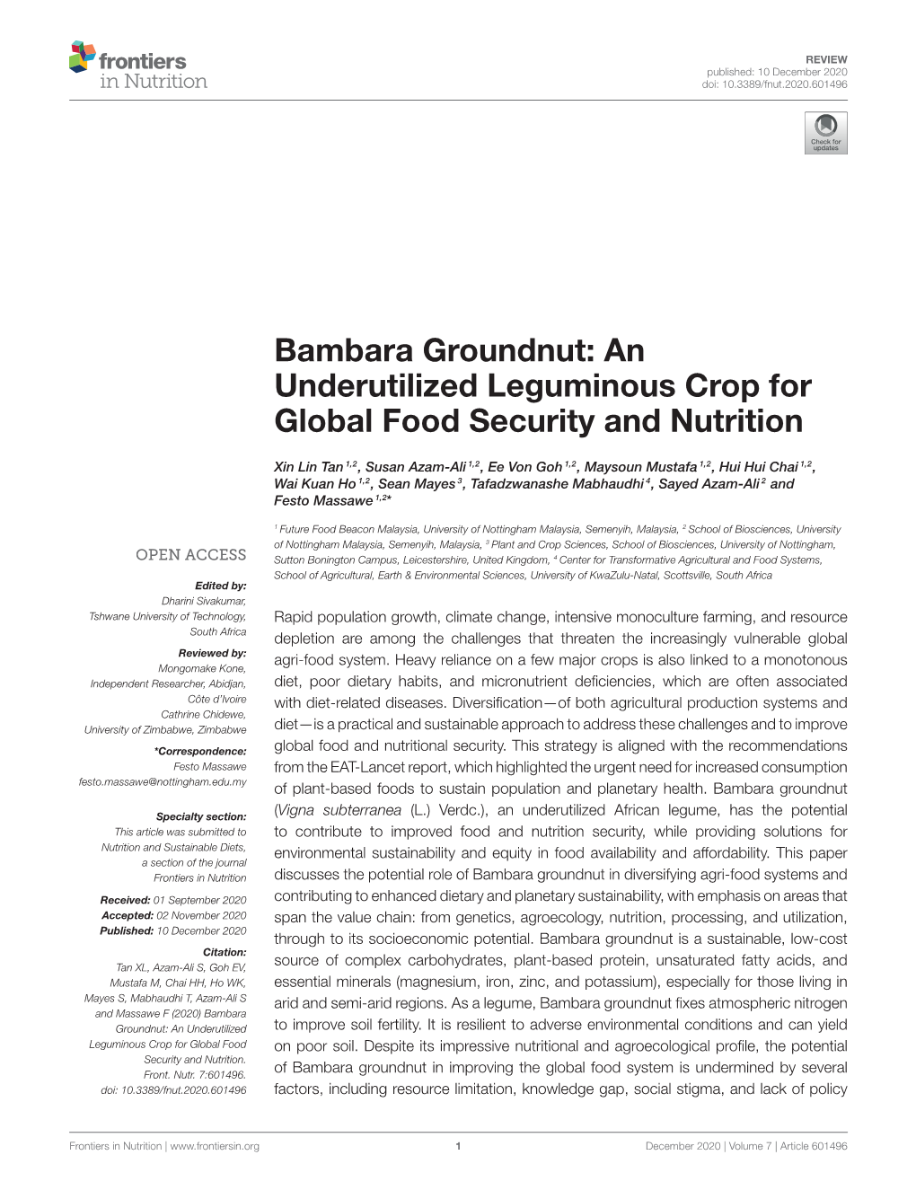 Bambara Groundnut: an Underutilized Leguminous Crop for Global Food Security and Nutrition