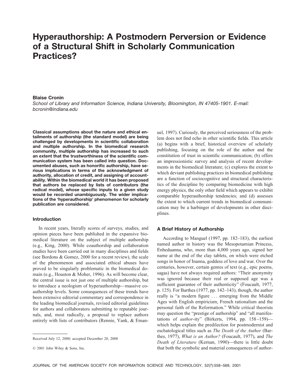 Hyperauthorship:Apostmodernperversionorevidence Ofastructuralshiftinscholarlycommunication Practices?