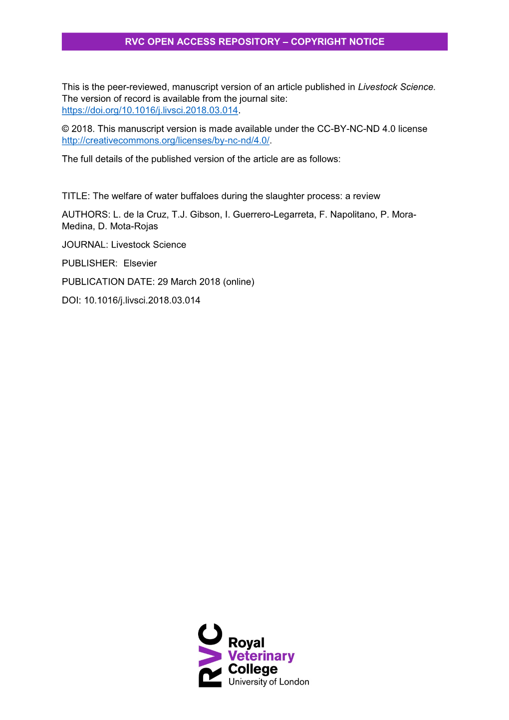 The Welfare of Water Buffaloes During the Slaughter Process: a Review AUTHORS: L