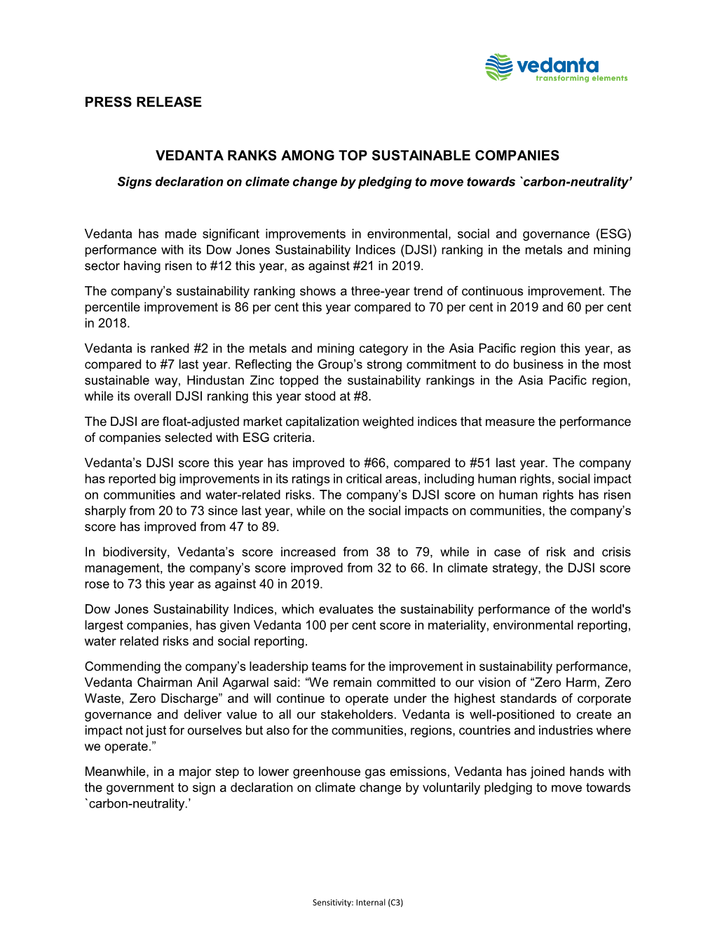Press Release Vedanta Ranks Among Top Sustainable