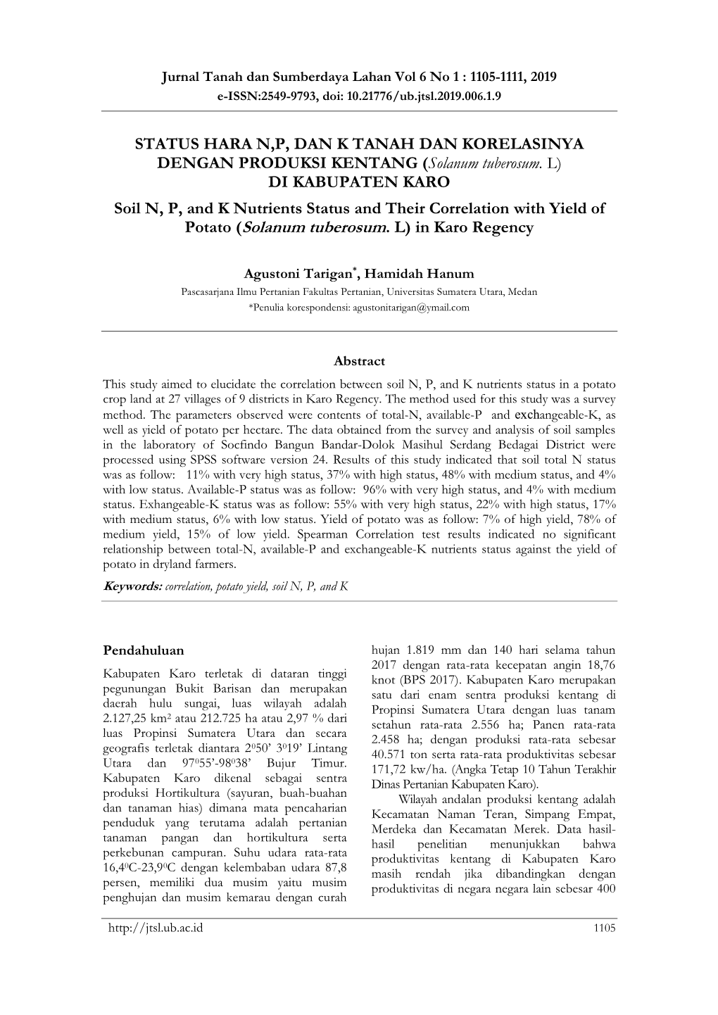 (Solanum Tuberosum. L) DI KABUPATEN KARO Soil N, P, and K Nutrients Status and Their Correlation with Yield of Potato (Solanum Tuberosum