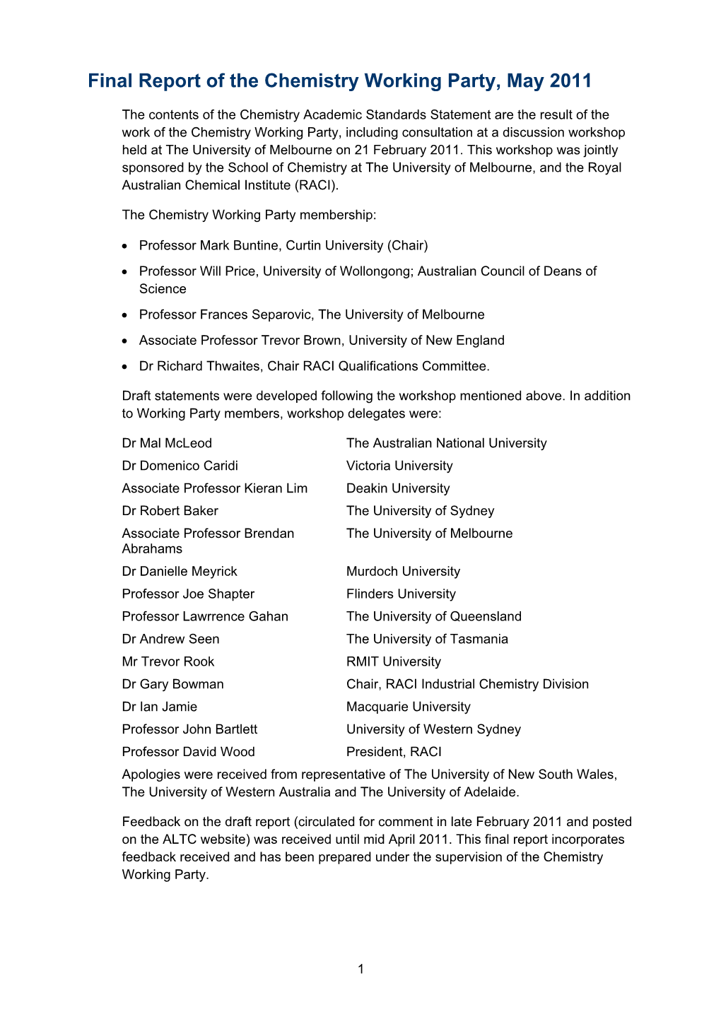 Final Report of the Chemistry Working Party, May 2011