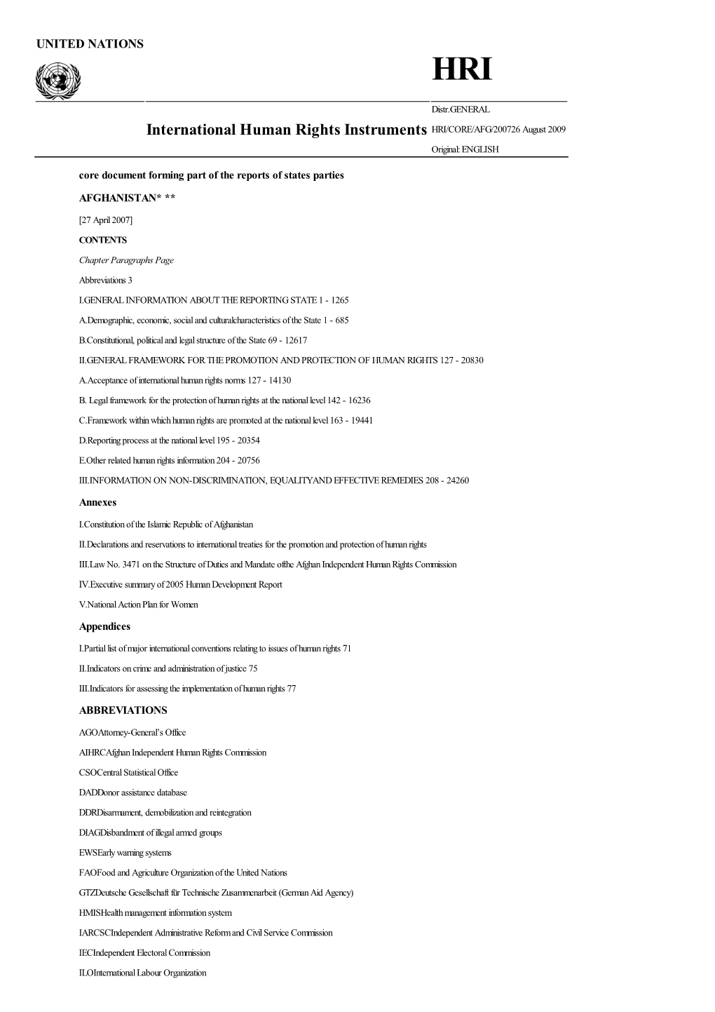 International Human Rights Instruments HRI/CORE/AFG/200726 August 2009 Original: ENGLISH