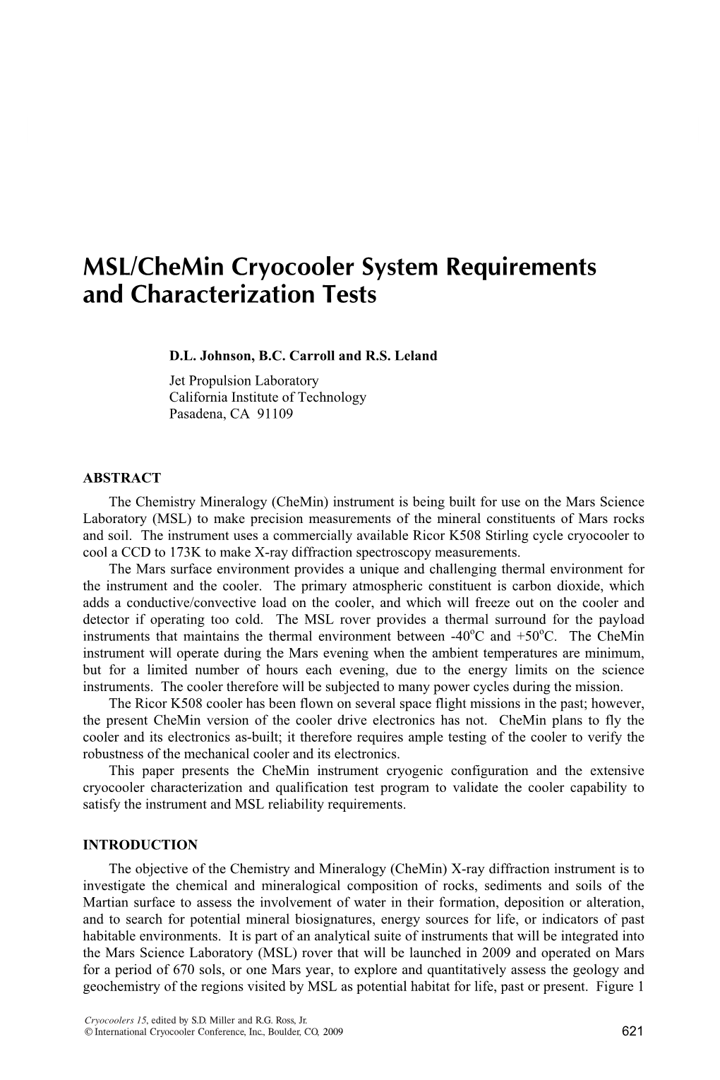 MSL/Chemin Cryocooler System Requirements and Characterization Tests