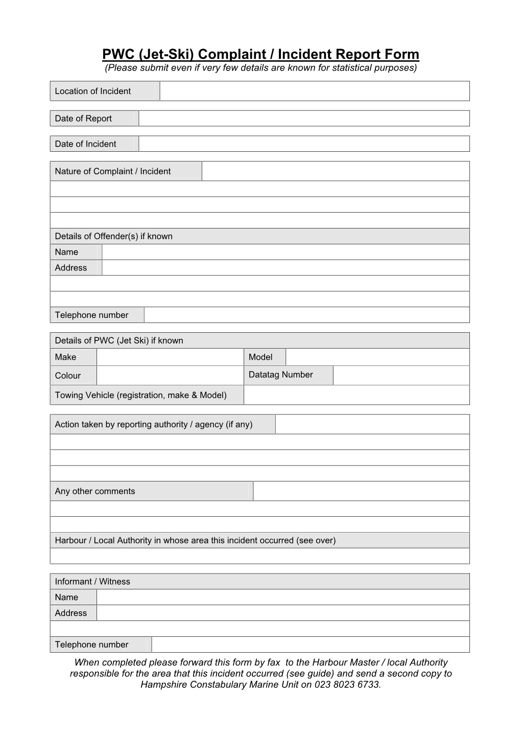 PWC (Jet-Ski) Complaint / Incident Report Form (Please Submit Even If Very Few Details Are Known for Statistical Purposes)