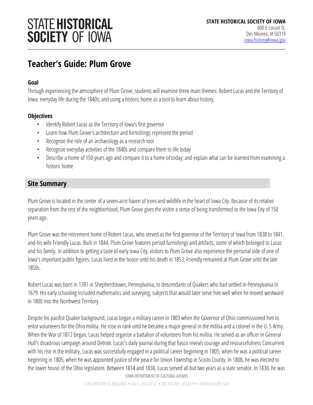 Teacher's Guide: Plum Grove