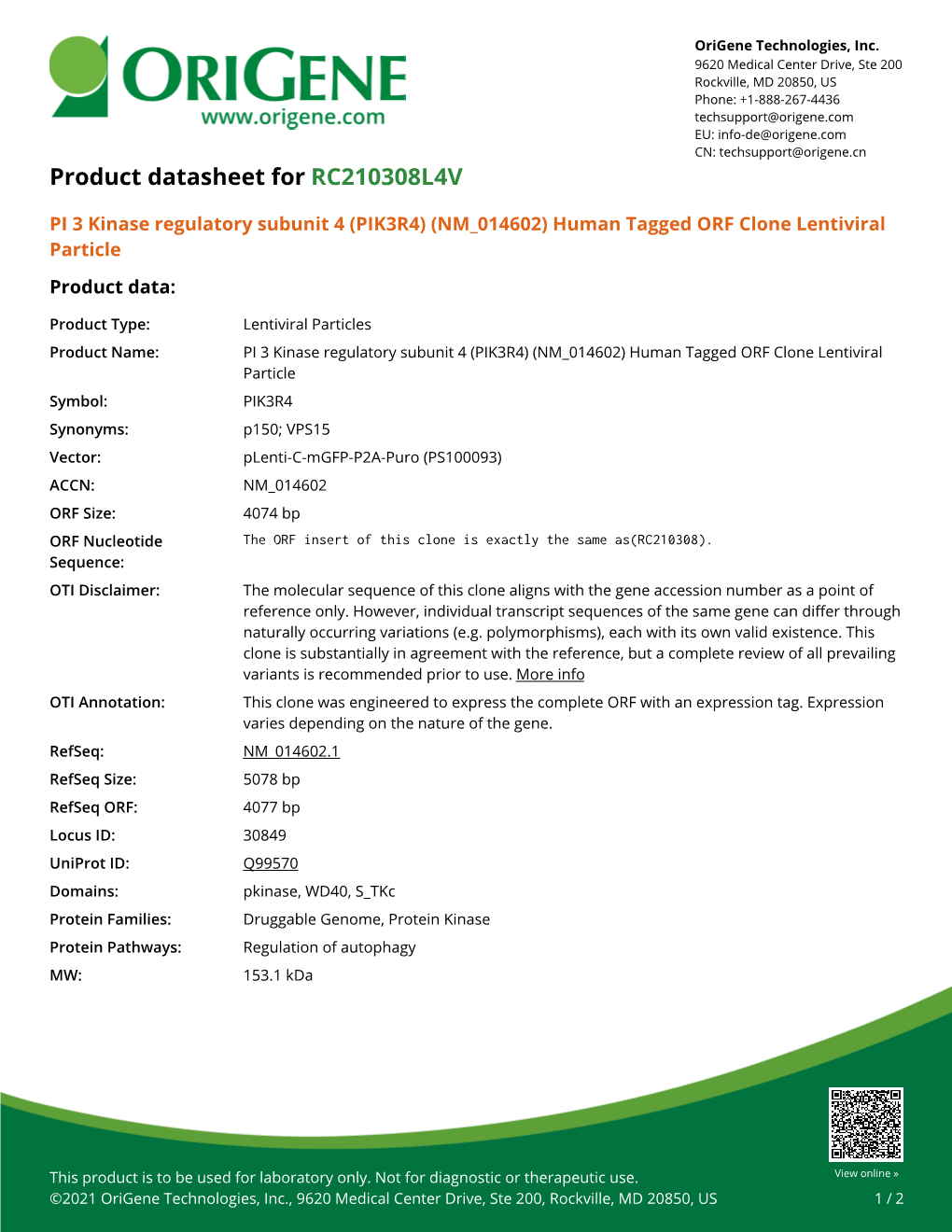 PI 3 Kinase Regulatory Subunit 4 (PIK3R4) (NM 014602) Human Tagged ORF Clone Lentiviral Particle Product Data