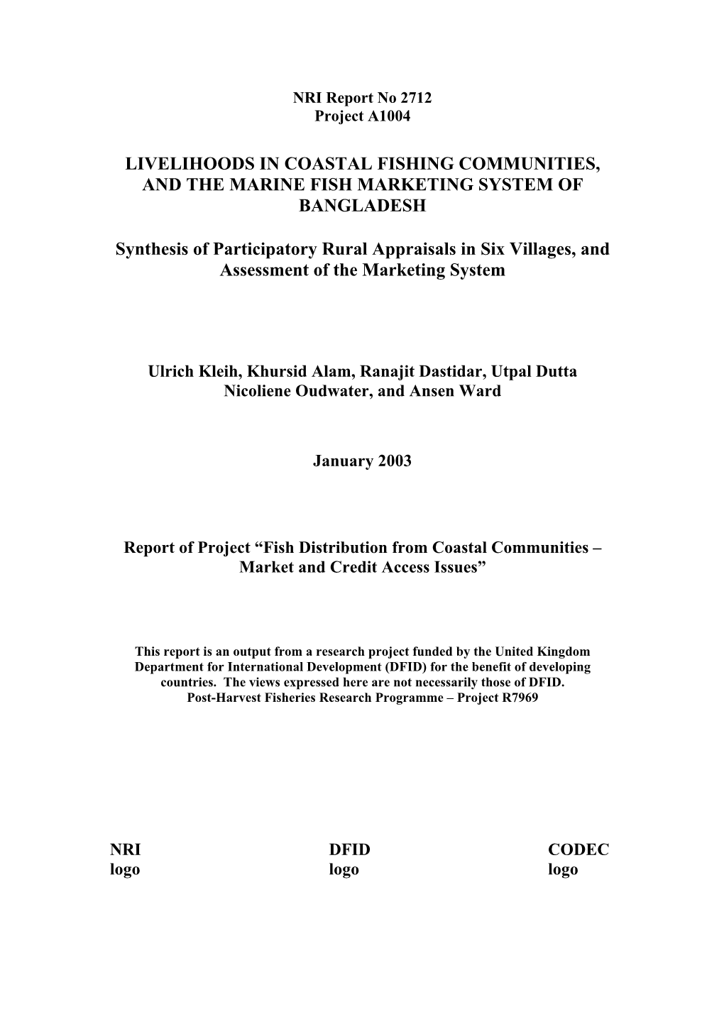 Livelihoods in Coastal Fishing Communities, and the Marine Fish Marketing System of Bangladesh