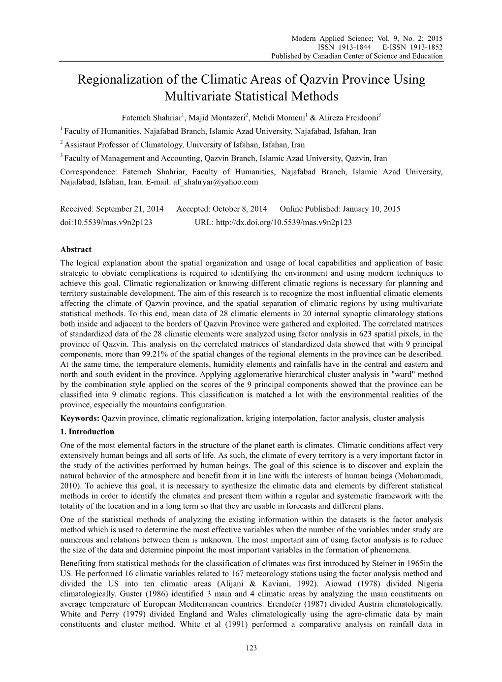 Regionalization of the Climatic Areas of Qazvin Province Using Multivariate Statistical Methods