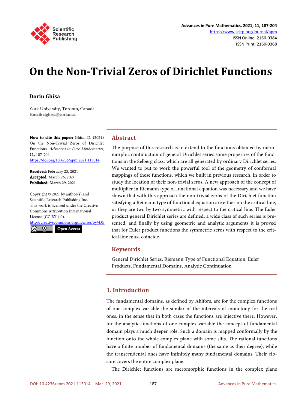 On the Non-Trivial Zeros of Dirichlet Functions
