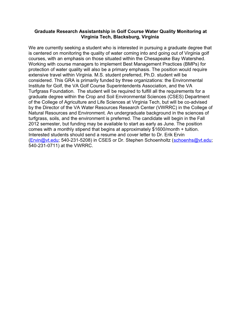 Virginia Tech Turfgrass Physiology and Cultural Management Assistantship Openings for 2007