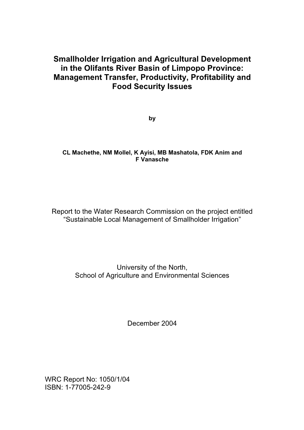 Smallholder Irrigation and Agricultural Development in the Olifants River