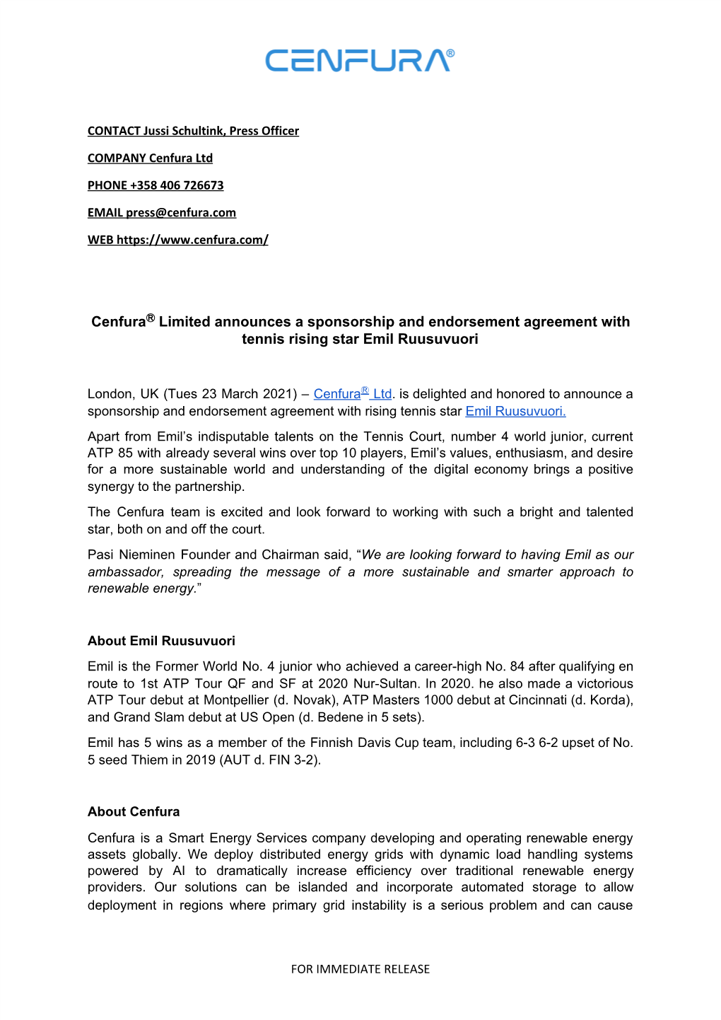 Cenfura​R​ Limited Announces a Sponsorship and Endorsement