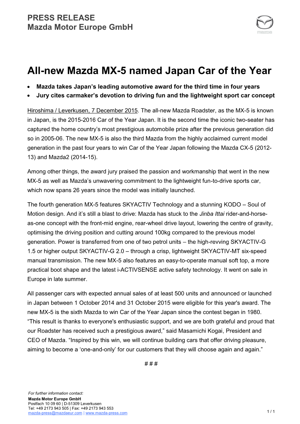 PRESS RELEASE Mazda Motor Europe Gmbh