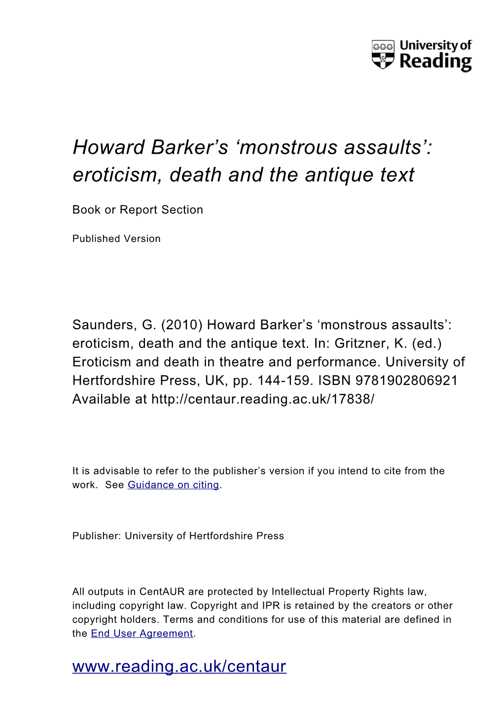 Howard Barker's 'Monstrous Assaults': Eroticism, Death and the Antique Text