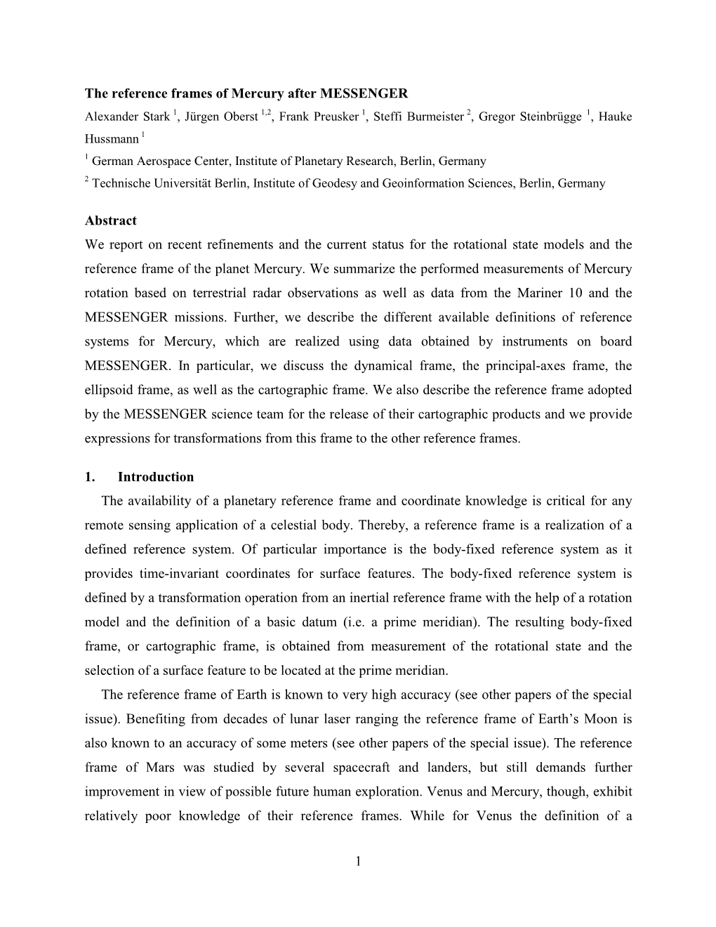 1 the Reference Frames of Mercury After MESSENGER Abstract We