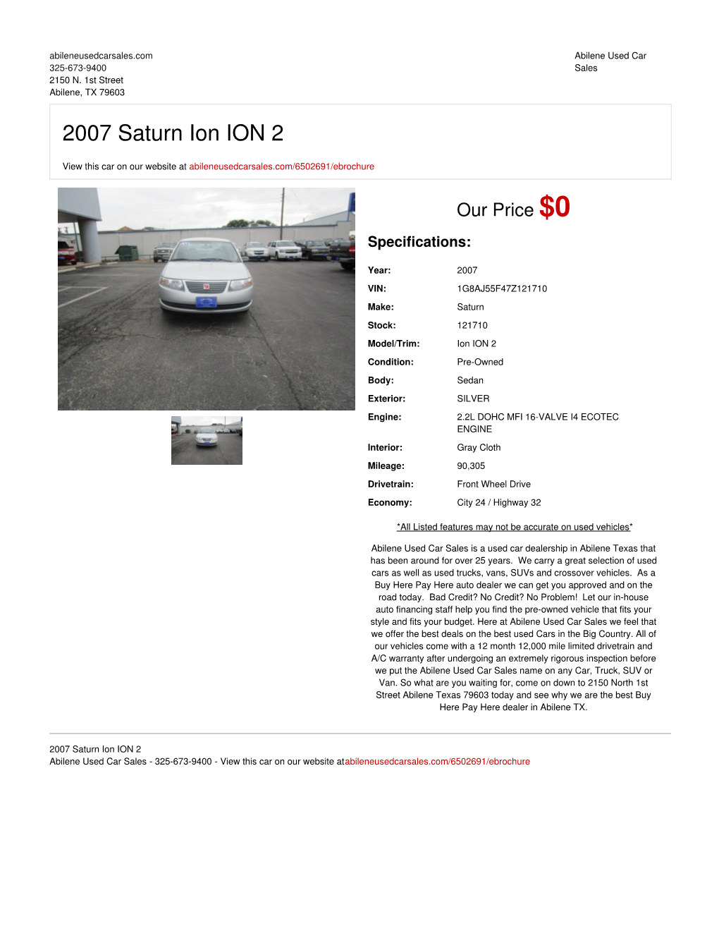 2007 Saturn Ion ION 2 | Abilene, TX | Abilene Used Car Sales