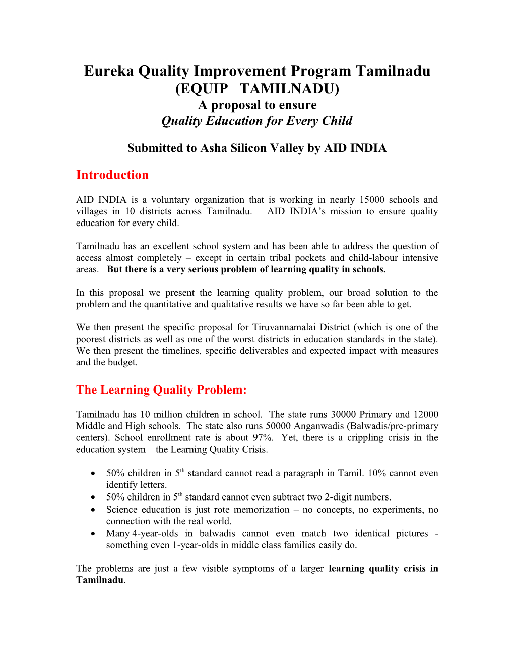 Eureka Quality Improvement Program Tamilnadu