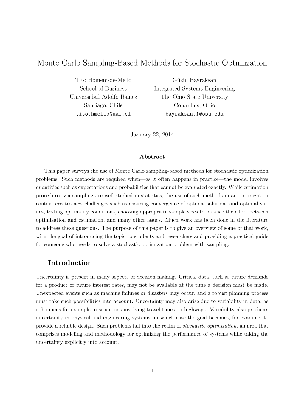 Monte Carlo Sampling-Based Methods for Stochastic Optimization