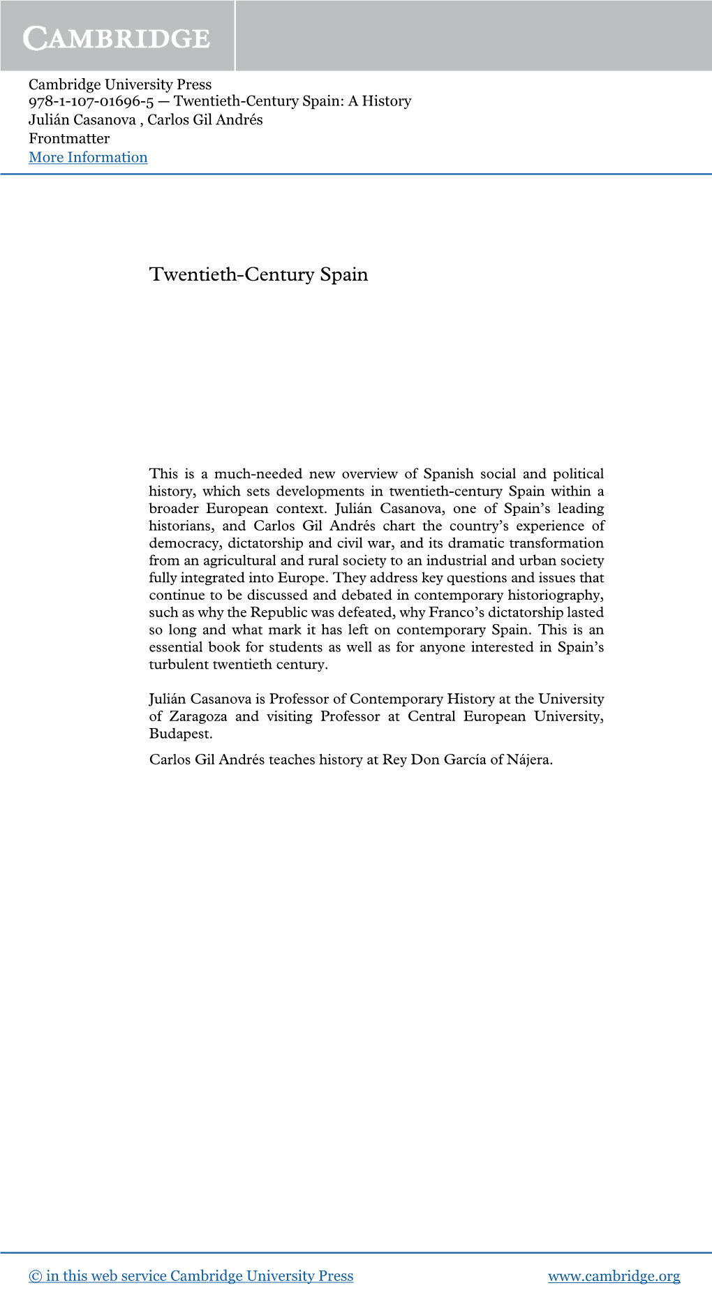 Twentieth-Century Spain: a History Julián Casanova , Carlos Gil Andrés Frontmatter More Information