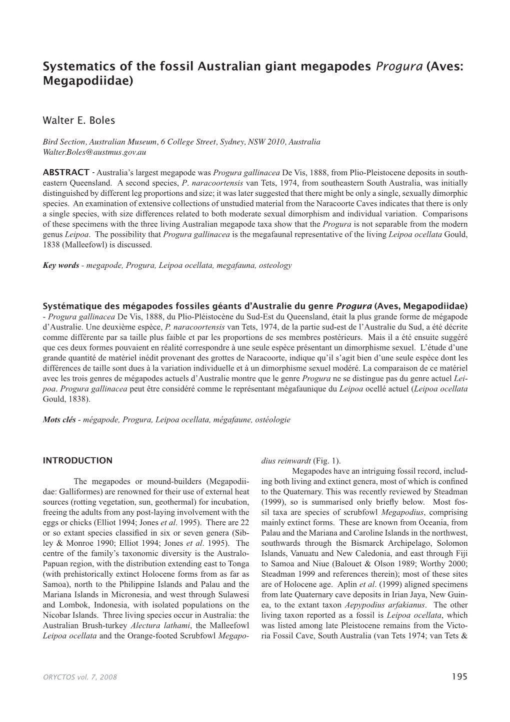 Systematics of the Fossil Australian Giant Megapodes Progura (Aves: Megapodiidae)