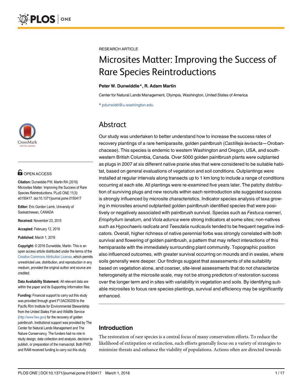 Microsites Matter: Improving the Success of Rare Species Reintroductions