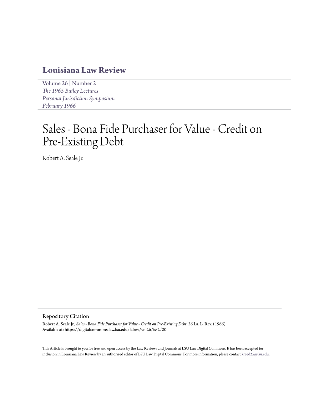 Sales - Bona Fide Purchaser for Value - Credit on Pre-Existing Debt Robert A