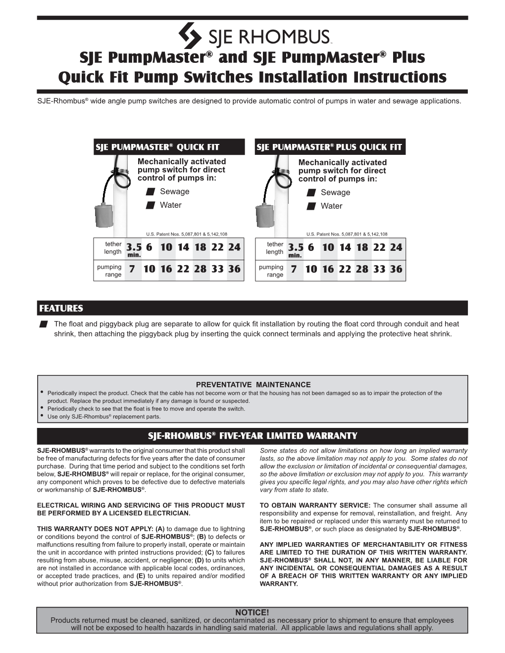 SJE Pumpmaster® and SJE Pumpmaster® Plus Quick Fit Pump Switches Installation Instructions