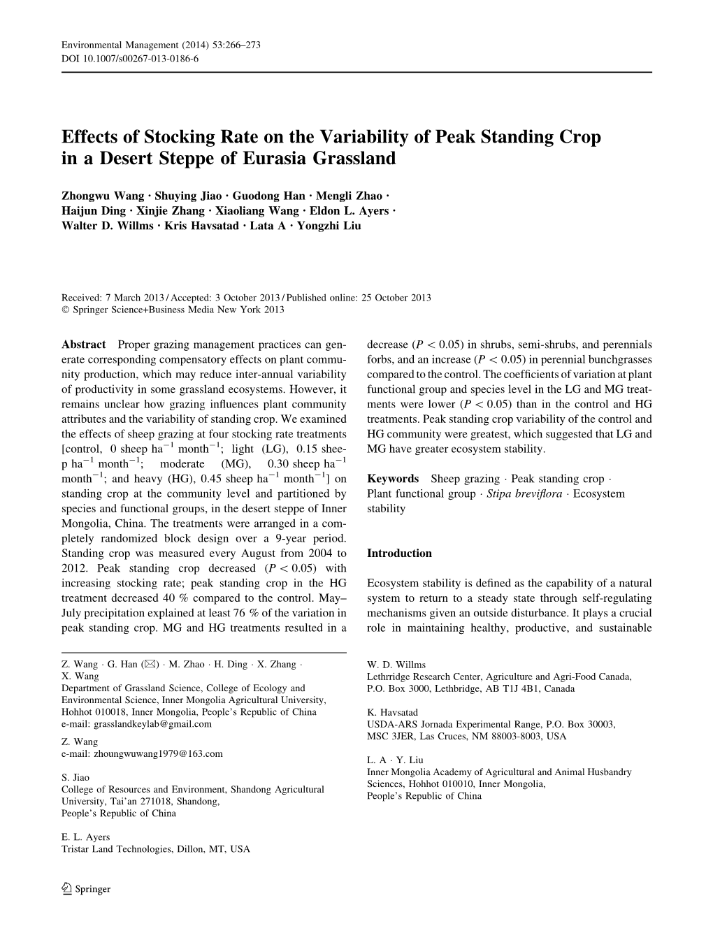 Effects of Stocking Rate on the Variability of Peak Standing Crop in a Desert Steppe of Eurasia Grassland