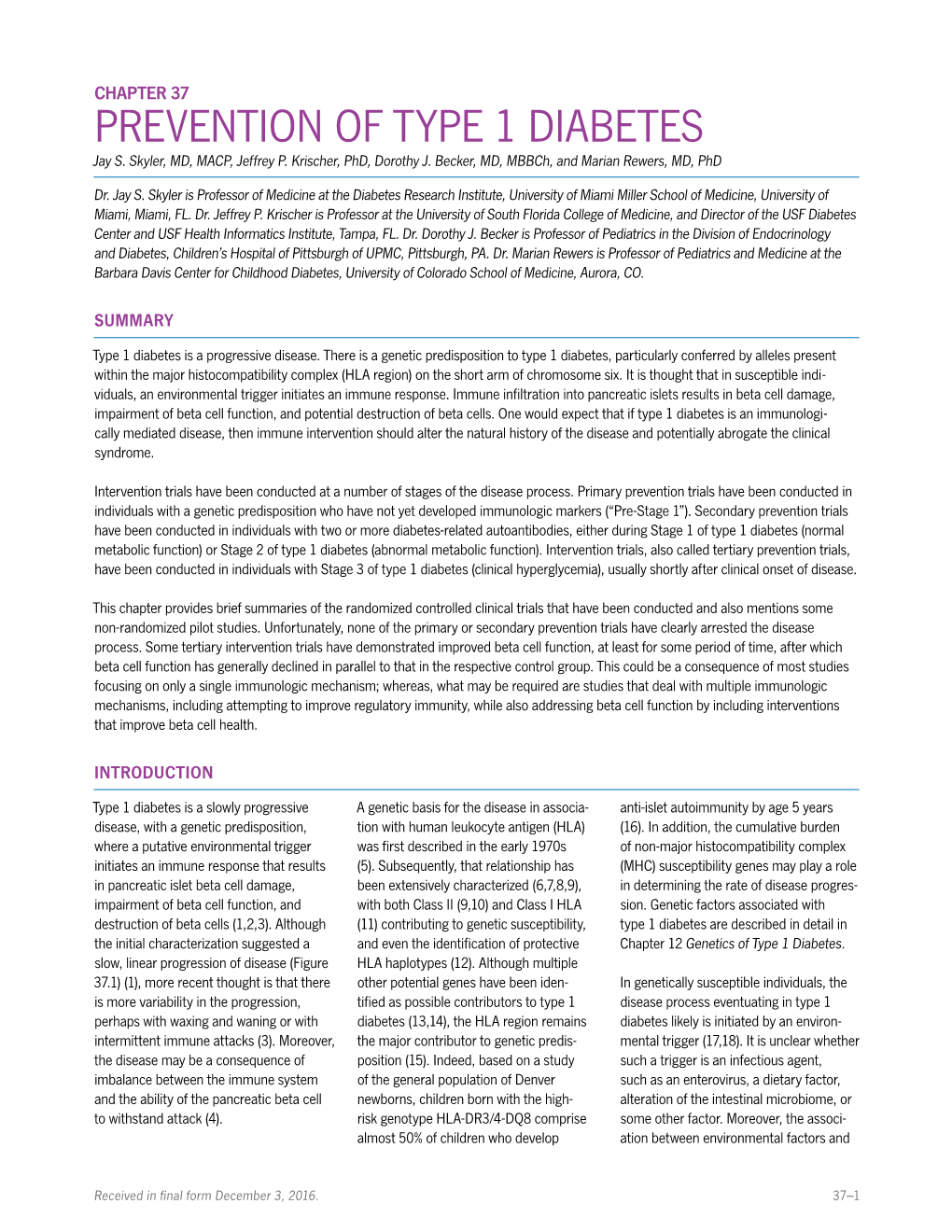 CHAPTER 37 PREVENTION of TYPE 1 DIABETES Jay S