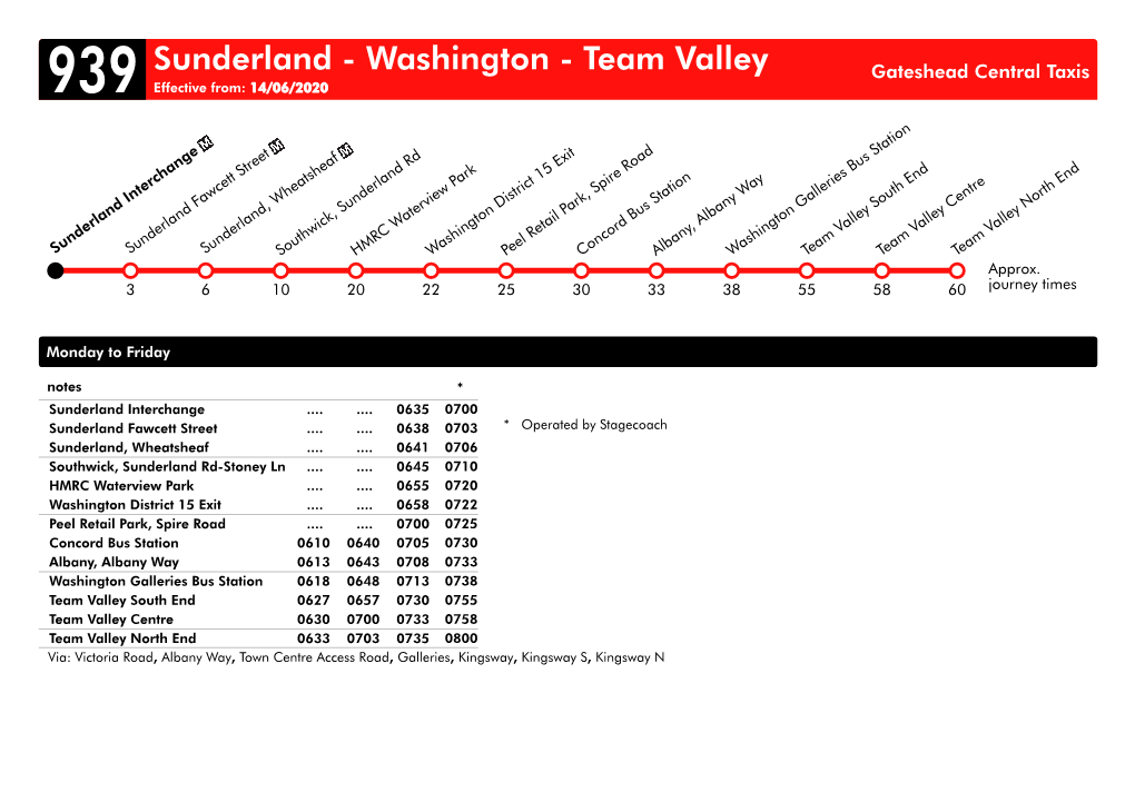 Sunderland - Washington - Team Valley Gateshead Central Taxis 939 Effective From: 14/06/2020