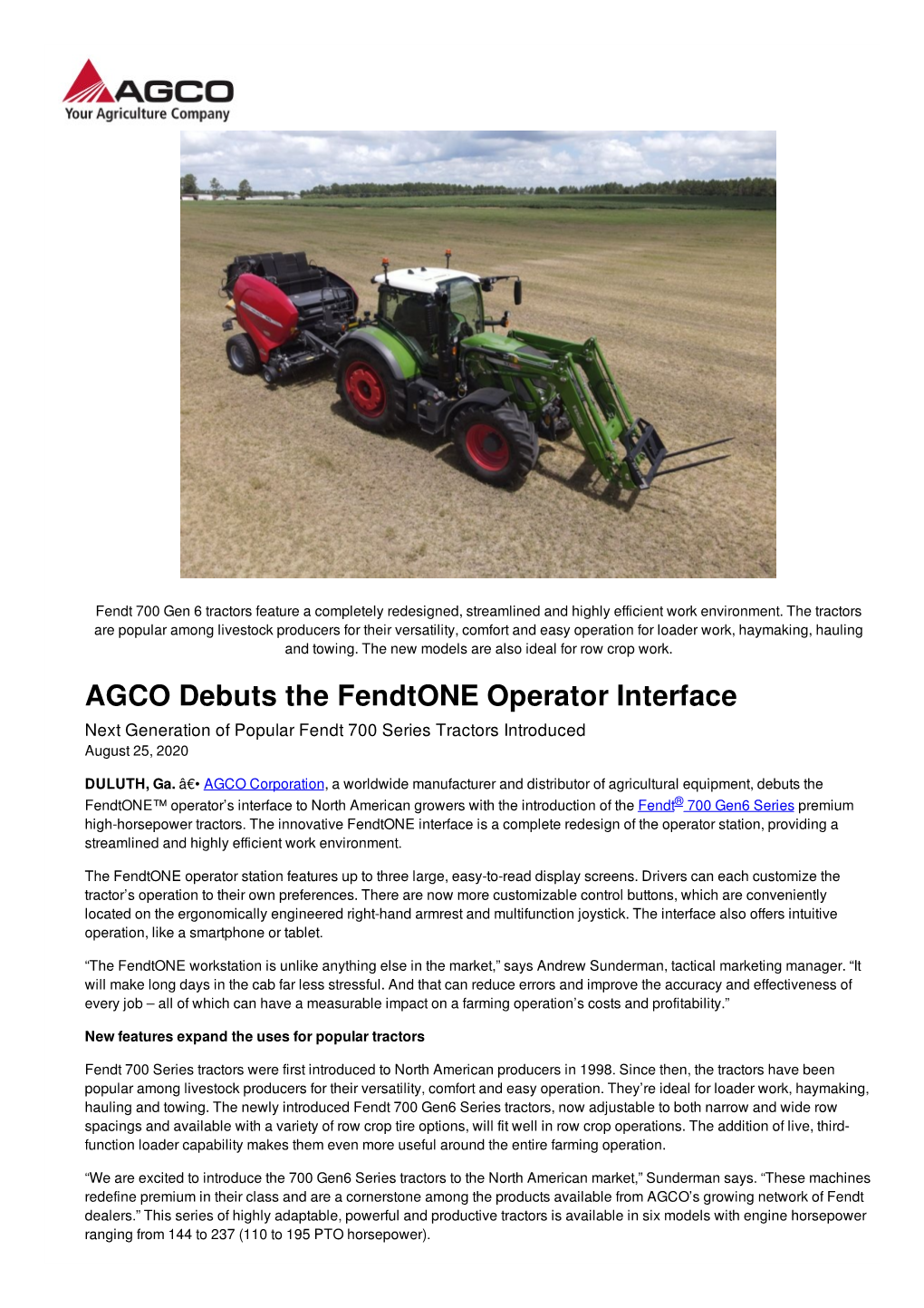 AGCO Debuts the Fendtone Operator Interface Next Generation of Popular Fendt 700 Series Tractors Introduced August 25, 2020